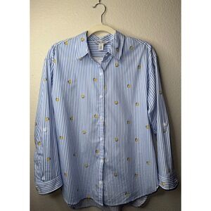 Nine West Jeans Blue White Striped Lemon Print Button Down Shirt Small NWT